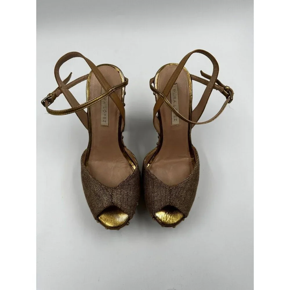 Pura Lopez Size 36 Studded Heeled Sandals Pumps Platform Wooden Chunky Heel Shoe - Picture 2 of 8